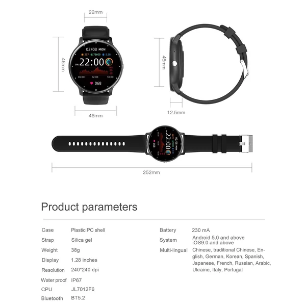 ZL02CPRO 1,28 hüvelykes, nagy tisztaságú TFT-képernyős okosóra állapotfigyelővel, alvásfigyelővel - Fekete