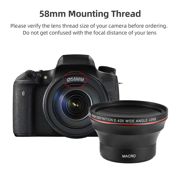 58 mm-es kameralencse készlet 0,43X széles látószögű objektívvel + makroobjektív alumíniumötvözetből készült DSLR fényképezőgép lencséjének cseréje