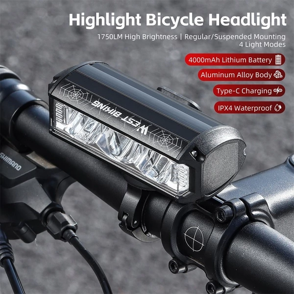 WEST BIKING 1750 Lumen nagy fényerejű alumínium ötvözet USB újratölthető kerékpárlámpa