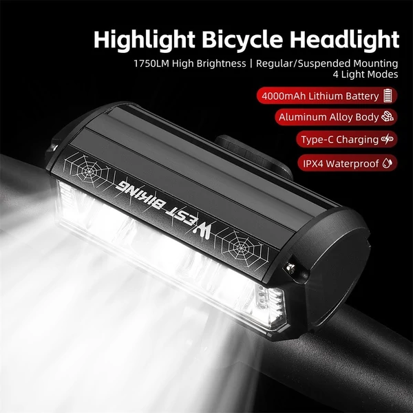 WEST BIKING 1750 Lumen nagy fényerejű alumínium ötvözet USB újratölthető kerékpárlámpa
