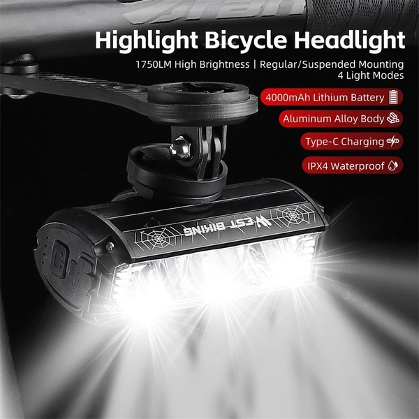 WEST BIKING 1750 Lumen nagy fényerejű alumínium ötvözet USB újratölthető kerékpárlámpa