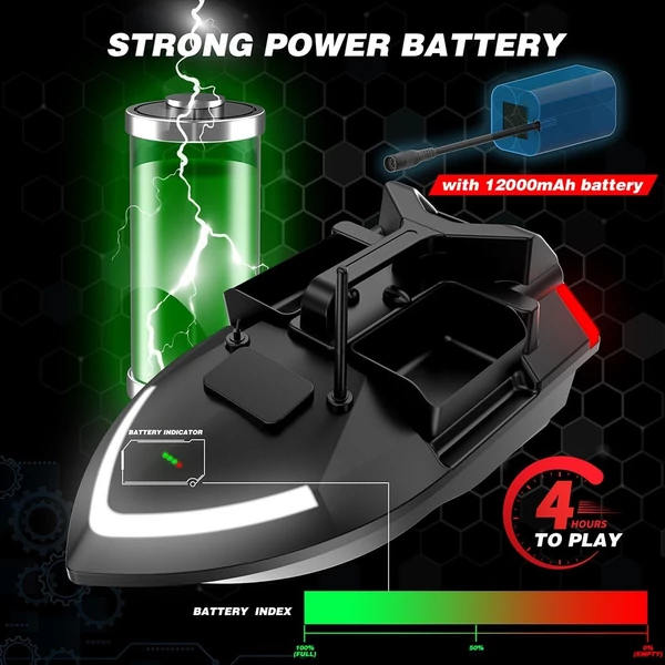 Távirányítós horgászcsali csónak, kétmotoros halkereső 2 kg-os töltés, 12000 mAh akkumulátor, 500 m hatótáv