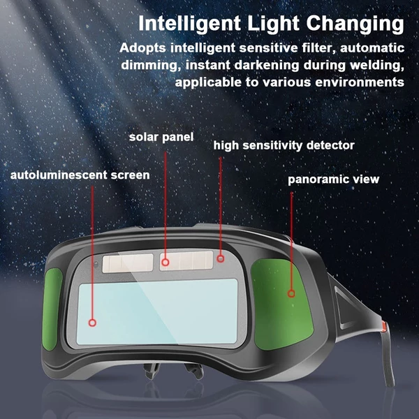 Automatikusan elsötétülő hegesztőszemüveg, nagy kilátás, zöld színű automatikus sötétítés