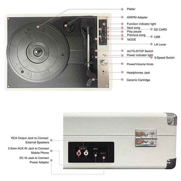 Vintage bakelit lemezlejátszó, támogatja az USB-rögzítést 33/45/78 RPM 7/10/12 hüvelykes vinyl lemezekhez - Fehér