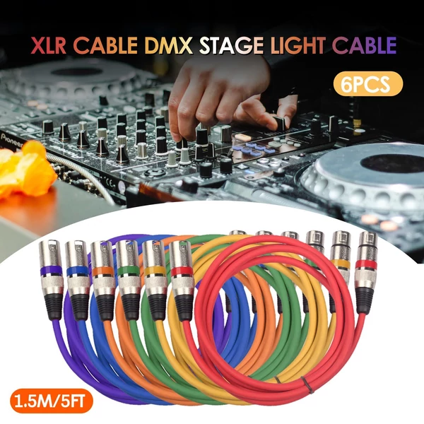 1,5 m-es XLR kábel DMX színpadi fénykábel 3 tűs XLR dugós csatlakozóaljzattal fekete PVC jack (6 db)