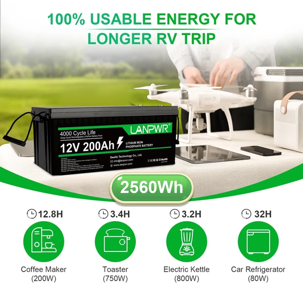 LANPWR 12V 200Ah LiFePO4 lítium akkumulátor, tartalék teljesítmény, 2560 Wh energia
