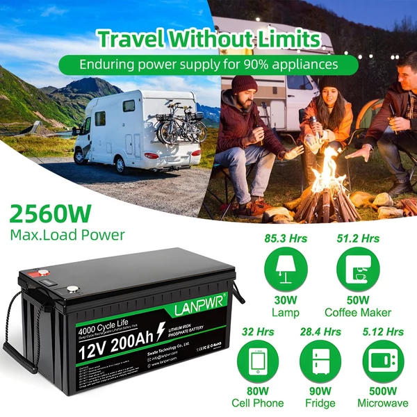 LANPWR 12V 200Ah LiFePO4 lítium akkumulátor, tartalék teljesítmény, 2560 Wh energia