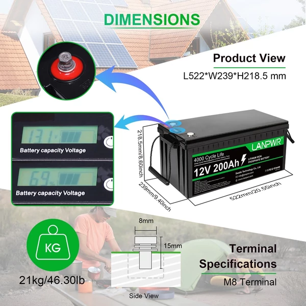 LANPWR 12V 200Ah LiFePO4 lítium akkumulátor, tartalék teljesítmény, 2560 Wh energia