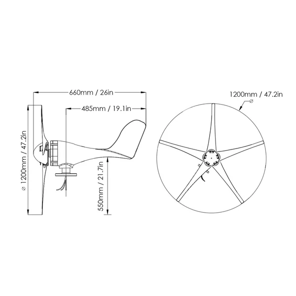 12V 1200W szélgenerátor töltővezérlővel, 5 lapáttal - Fehér