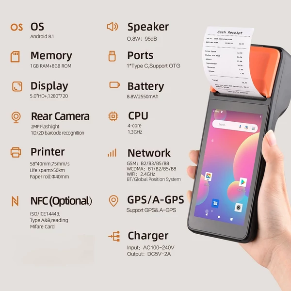 Kézi 3G POS nyugtanyomtató Android 8.1 1D/2D vonalkódolvasó PDA terminál (NFC funkcióval)