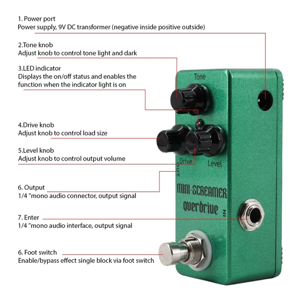 Guitar Overdrive pedál Elektromos gitáreffektek pedál 3 gombos Mini gitár túlvezérlés effektor