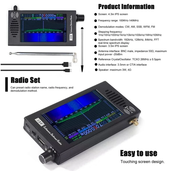Hordozható kézi rádió készlet SDR Rádióvevő Professzionális 100KHz-149MHz Rádió