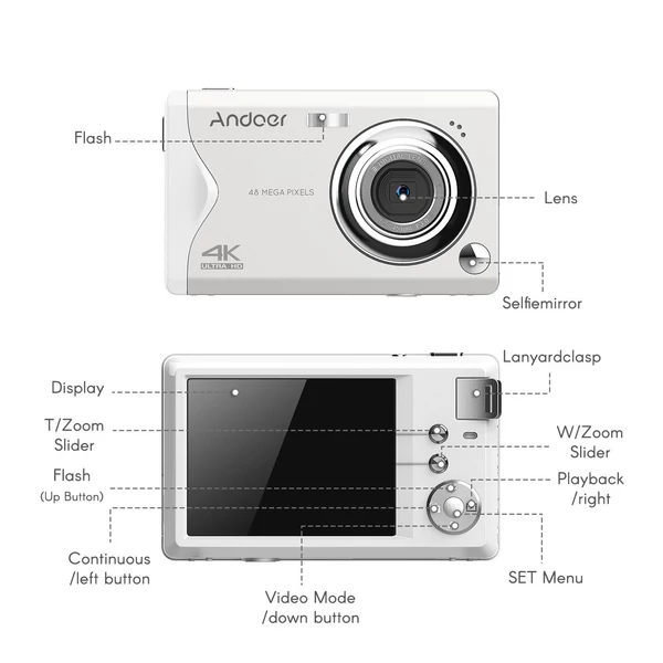 Andoer 3,0 hüvelykes TFT hordozható digitális fényképezőgép 48MP 4K HD 16X zoom autofókusz - Fekete