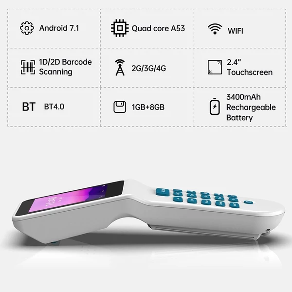 Kézi Android 7.1 POS / PDA terminál, készletgép 1 GB+8 GB tárhely 2,4 hüvelykes képernyő