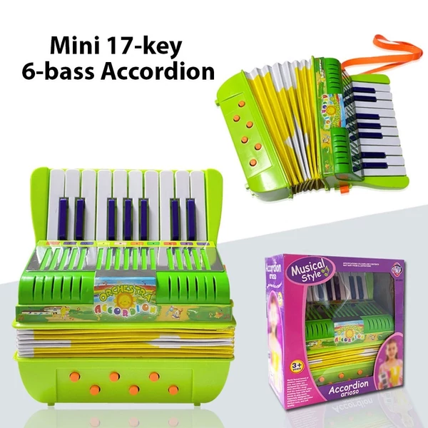 Mini 17 gombos 6 basszus harmonika ABS anyag csattal, hangszer kezdőknek - Zöld