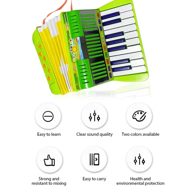 Mini 17 gombos 6 basszus harmonika ABS anyag csattal, hangszer kezdőknek - Zöld