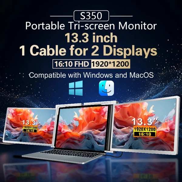13,3 hüvelykes hordozható háromképernyős monitor laptop FHD bővítőképernyő