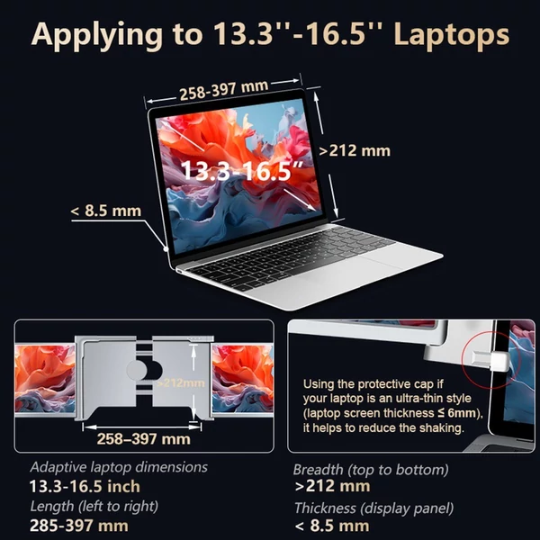 13,3 hüvelykes hordozható háromképernyős monitor laptop FHD bővítőképernyő