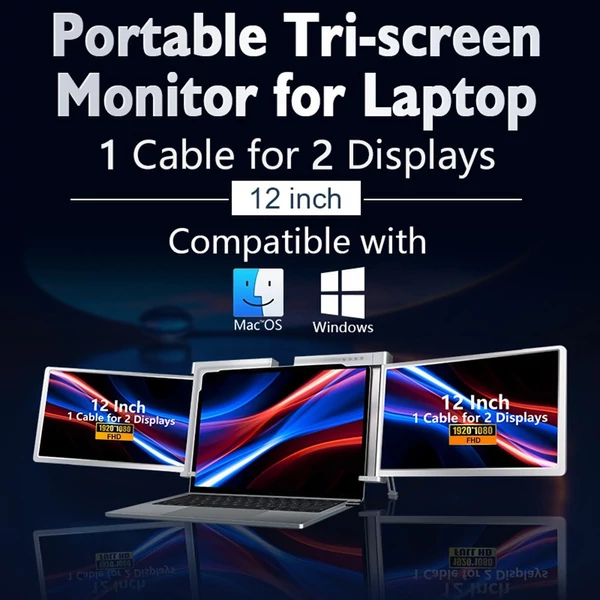 12 hüvelykes hordozható háromképernyős monitor laptop FHD bővítőképernyő