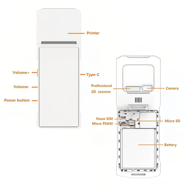 Kézi Android 13.0 POS nyugtanyomtató PDA terminál (NFC és 2D szkennermotor verzió)