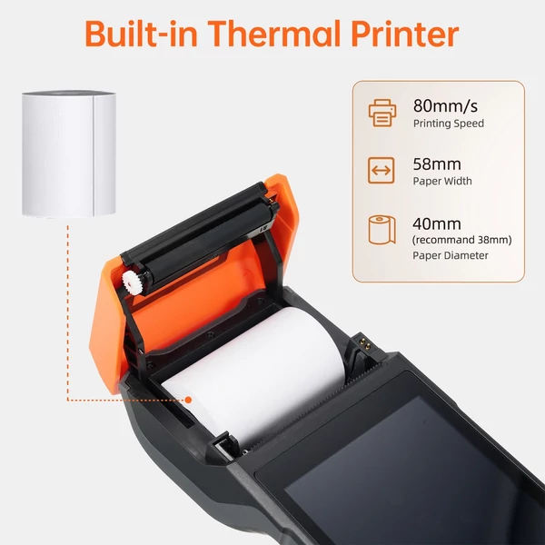Kézi Android 13.0 POS nyugtanyomtató PDA terminál (NFC és 2D szkennermotor verzió)