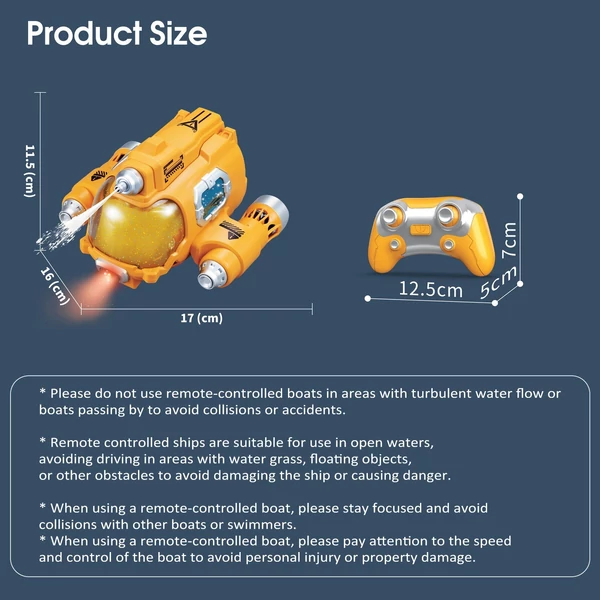 2,4 GHz-es távirányítós vízi játék, vízálló, vízpermet funkció/egy kattintásos bemutató világítással - Sárga