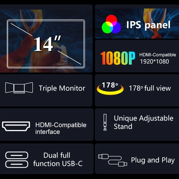 14 hüvelykes laptop bővítőképernyős FHD hordozható háromképernyős monitor 1 kábellel 2 kijelzőhöz - Szürke