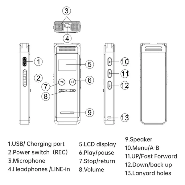 32G digitális hangrögzítő aktivált felvétel lejátszás MP3 zenelejátszó mikrofonnal és hangszóróval fülhallgatóval