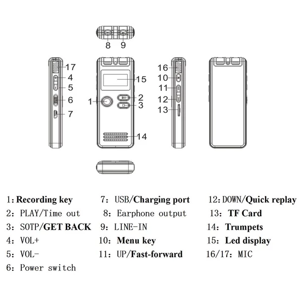 64G digitális hangrögzítő aktivált felvétel lejátszás, MP3, zenelejátszó mikrofonnal, hangszóróval és fülhallgatóval