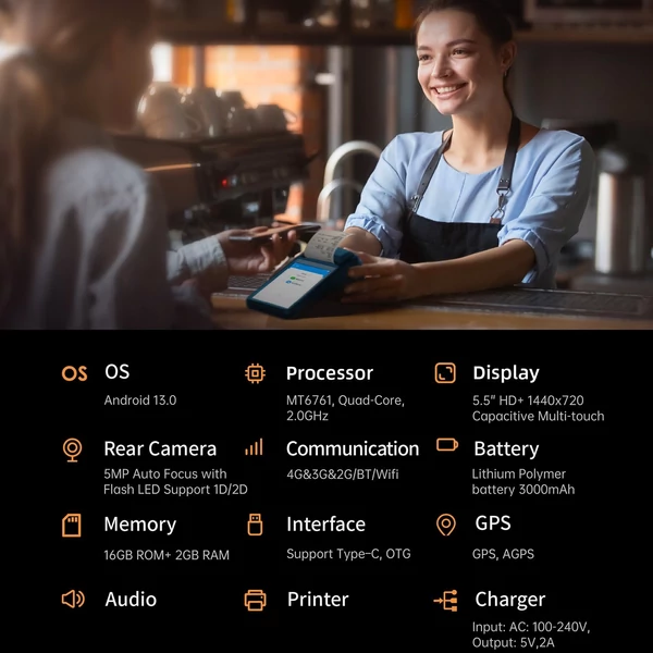 Kézi Android 13.0 POS PDA terminál 5,5 hüvelykes érintőképernyővel (Standard verzió)