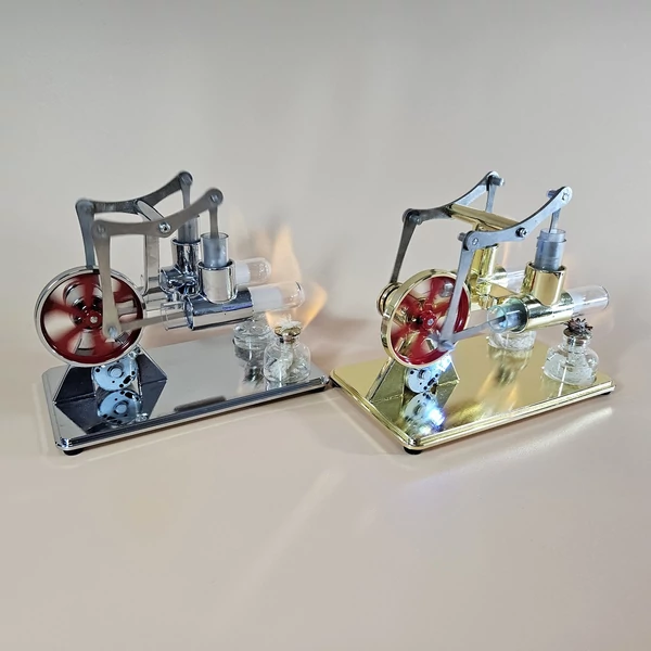 Forrólevegős Stirling motor elektromos generátor motor, fizikai kétmotoros modell LED izzóval, dolláros lendkerék kialakítás, tudományos kísérlet CNC alumíniumötvözet alappal - Arany