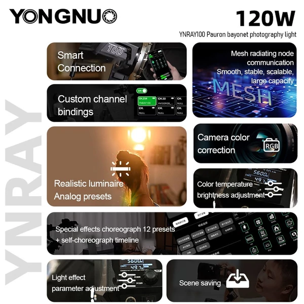 YONGNUO YNRAY100 kétszínű hőmérsékletű, 120 W-os stúdió LED-es videófény-fényképezési kitöltőlámpa szabványos reflektorral (tartozékkal)