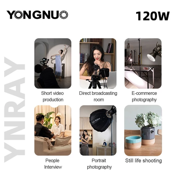 YONGNUO YNRAY100 kétszínű hőmérsékletű, 120 W-os stúdió LED-es videófény-fényképezési kitöltőlámpa szabványos reflektorral (tartozékkal)