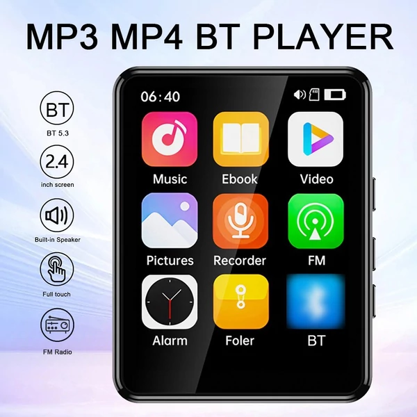 MP3 és MP4 lejátszó hangszóróval, 2,4 hüvelykes teljes érintőképernyős BT - 64GB