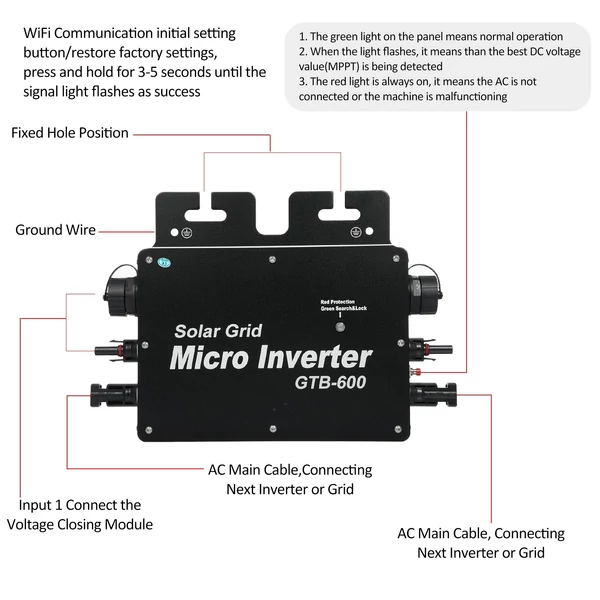 Napelemes inverter WiFi vezérléssel, automatikus azonosítással - 600W