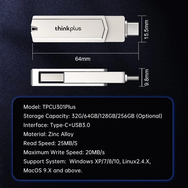 Lenovo thinkplus TPCU301Plus U Disk USB3.0 + Type-C portfelismerés - 256 GB
