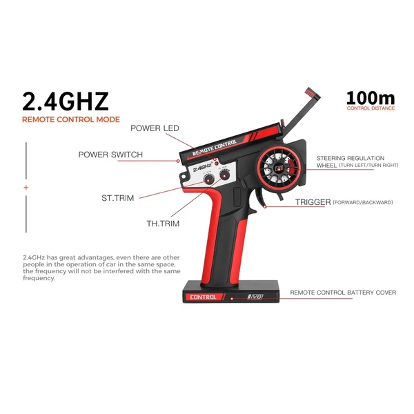 Wltoys 184008 2.4GHz 1/18 távirányítós 60KM/H sebességű terepjáró autó - Piros, 2 akkumulátor