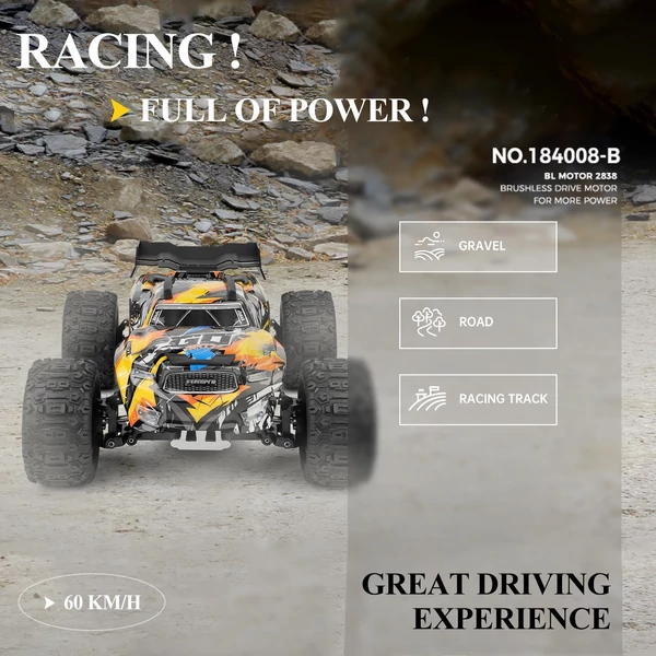 Wltoys 184008 2.4GHz 1/18 távirányítós 60KM/H sebességű terepjáró autó - Sárga, 1 akkumulátor