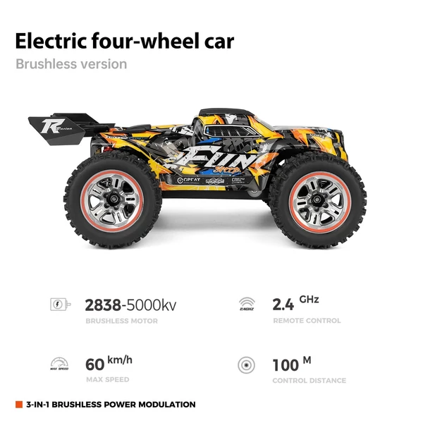 Wltoys 184008 2.4GHz 1/18 távirányítós 60KM/H sebességű terepjáró autó - Sárga, 2 akkumulátor