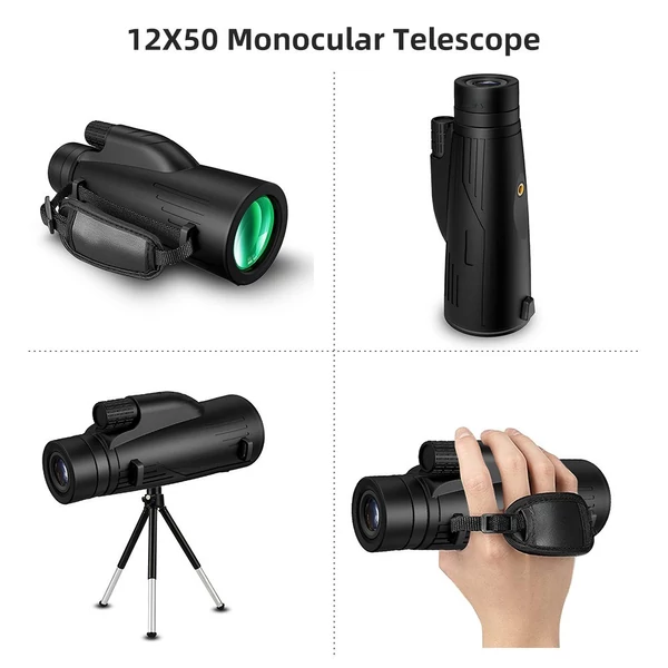 12X50 monokuláris teleszkóp felnőtteknek univerzális telefontartóval + állítható fém állvánnyal
