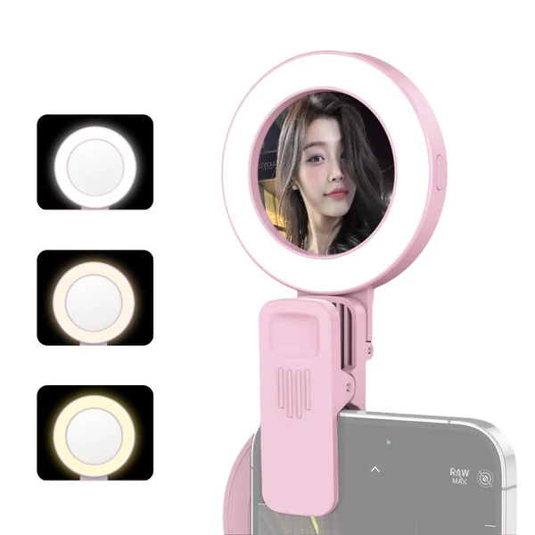 Hordozható szelfi kitöltő lámpa, rápattintható szelfi gyűrűs lámpa telefonhoz szelfi tükörrel - Pink
