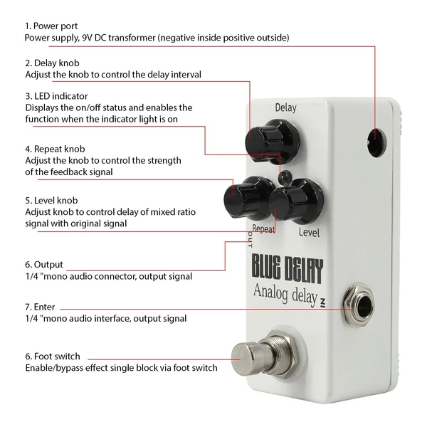 Gitár analóg késleltetési pedál Elektromos gitár effektus pedál