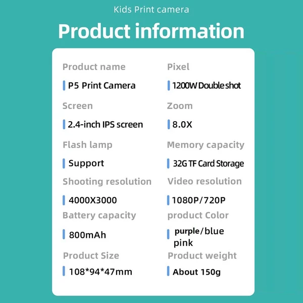 1080P/720P videorögzítés azonnali hőkezeléssel, tinta nélküli nyomtatással, gyerekkamera 2,4 hüvelykes képernyővel - Kék
