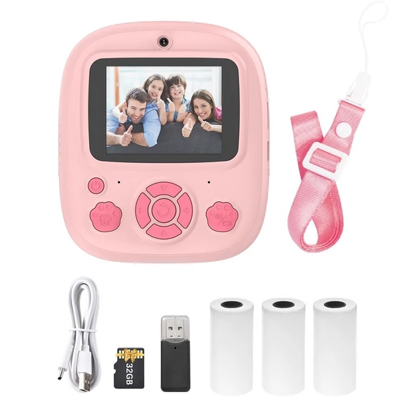 1080P/720P videorögzítés azonnali hőkezeléssel, tinta nélküli nyomtatással, gyerekkamera 2,4 hüvelykes képernyővel - Pink