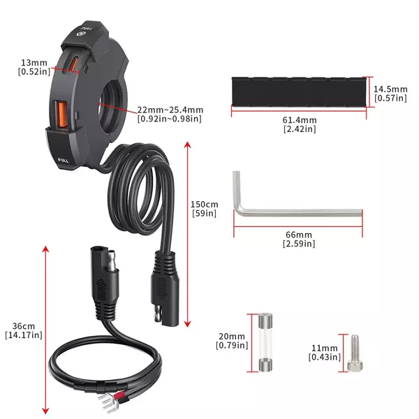 Motorkerékpár USB telefontöltő, motorkerékpár QC3.0 gyorstöltő, Type-C, USB A kettős gyorstöltő