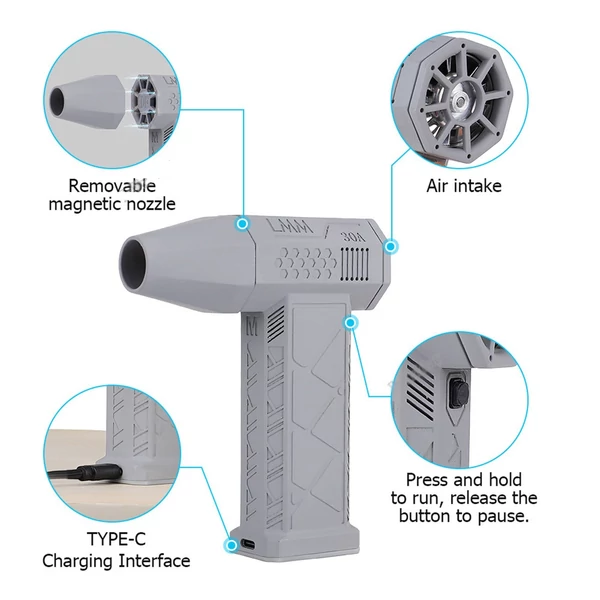 Kézi vezeték nélküli poreltávolító turbóventilátor Hordozható turbófúvós ventilátor, kefe nélküli motor - Világos szürke