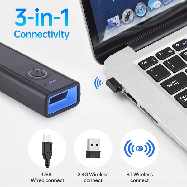 Hordozható Bisofice DL-JM4 egydimenziós lézeres vezeték nélküli vonalkód-leolvasó, támogatja a Bluetooth/2.4G/USB kapcsolatot