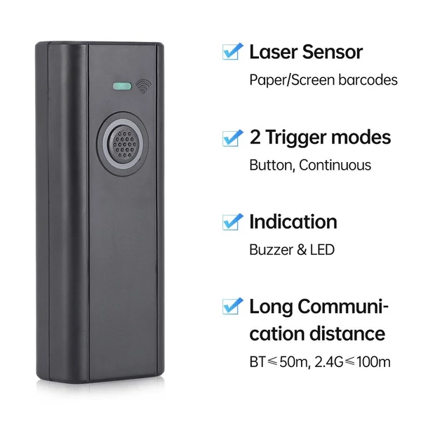 Hordozható Bisofice DL-JM4 egydimenziós lézeres vezeték nélküli vonalkód-leolvasó, támogatja a Bluetooth/2.4G/USB kapcsolatot
