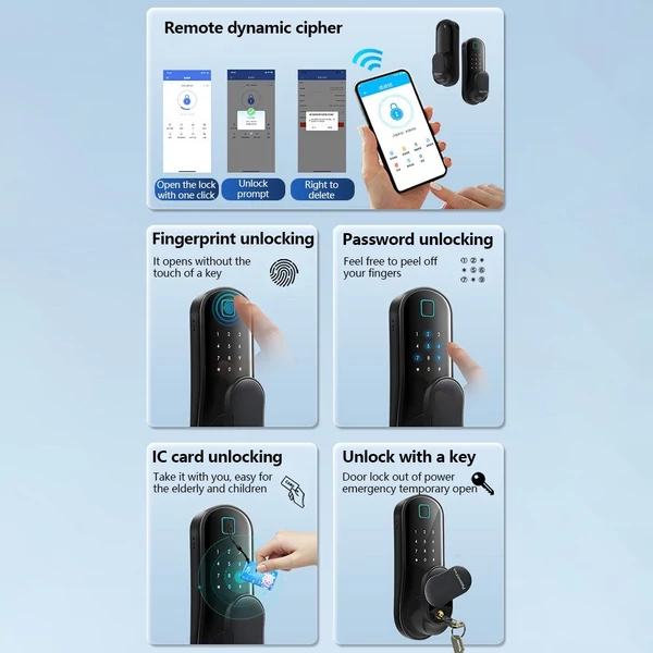 Intelligens kulcs nélküli bejárati ajtózár fogantyú 2 kártyával és 2 kulccsal, biometrikus ajtózár - Fekete