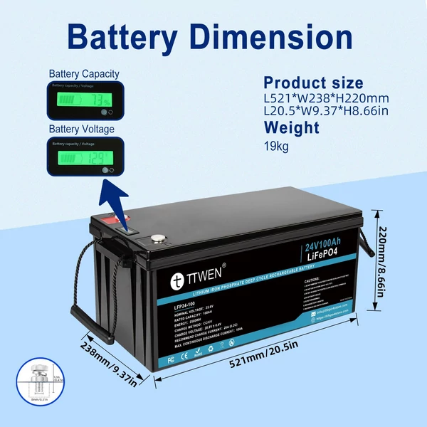 TTWEN 24V 100Ah LiFePO4 lítium akkumulátor, tartalék teljesítmény, 2560 Wh energia, 4000+ mély ciklus